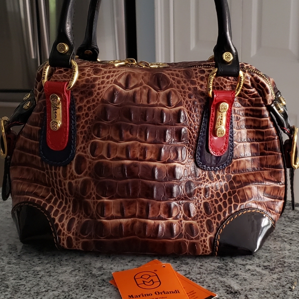 Marino Orlandi Brown Crocodile Embossed Handbag